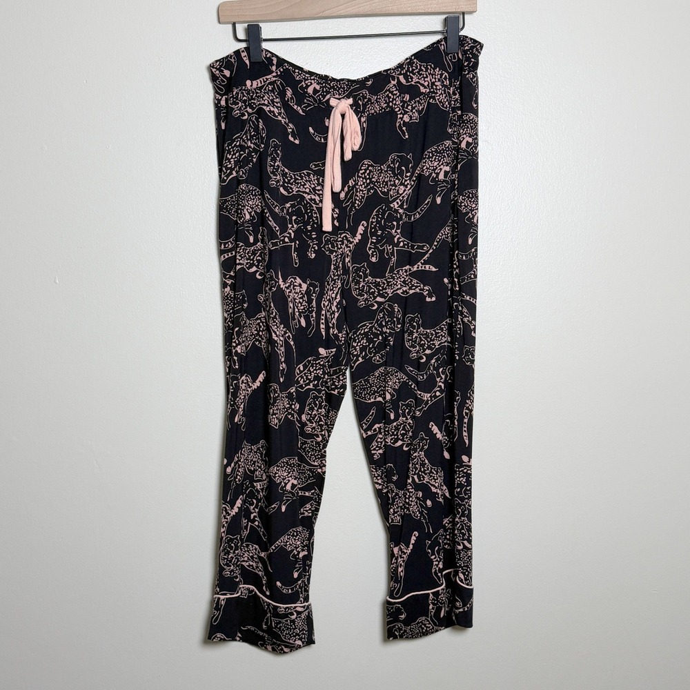 Soma Pajama Pants Womens L Black Pink Cheetah Animal Print Drawstring Pockets‎